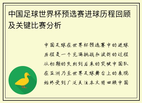 中国足球世界杯预选赛进球历程回顾及关键比赛分析